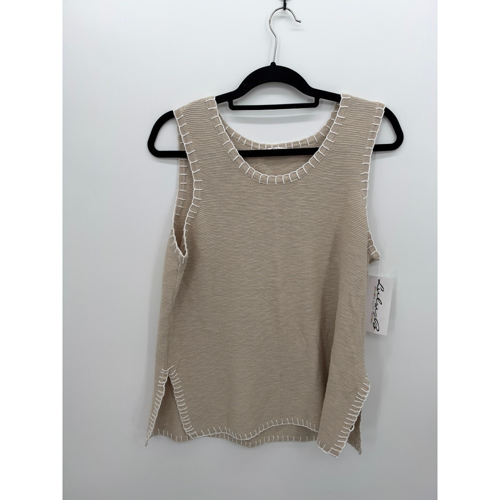 Lulu-B L Tan Knit Sweater Tank White Blanket Stitch Coastal Preppy Sleeveless